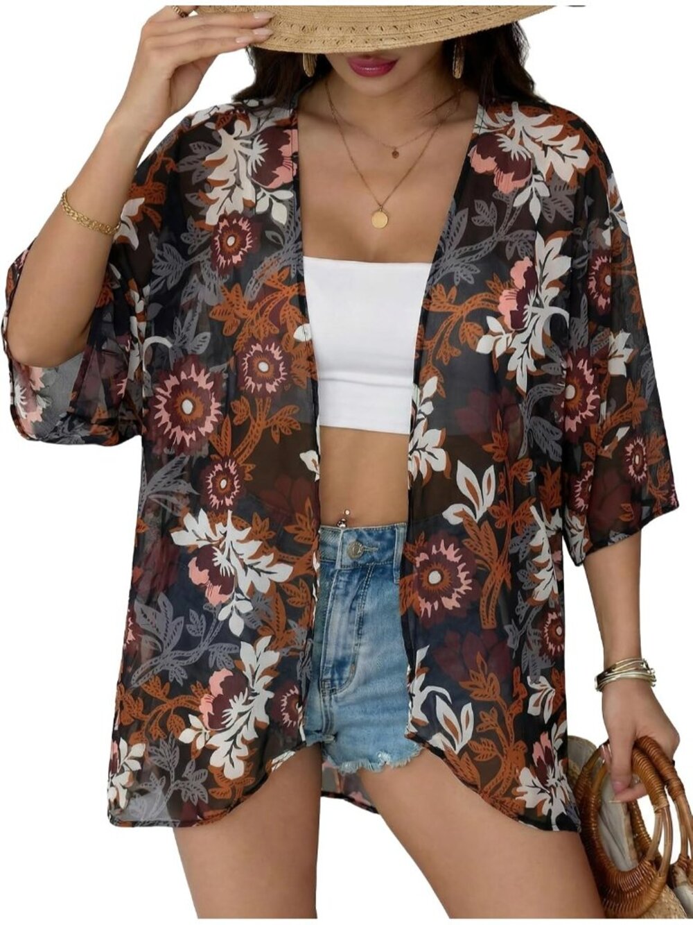 Women's Grey Brown Chiffon Kimono Cardigan Open Front Blouse Swimwear Cover Up
